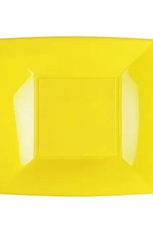 Assiette carrée plastique Jaune réutilisable 18cm x 12 pièces Prix Promo