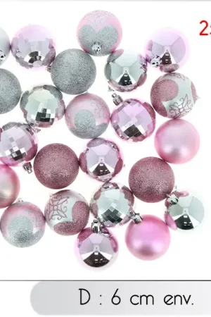 Boule de noel Rose et Argent 6cm x 25 pièces Vente Directe