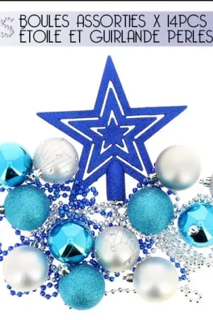 Prix Choc Boule de noel avec cimier Turquoise et Blanc x 14 pièces