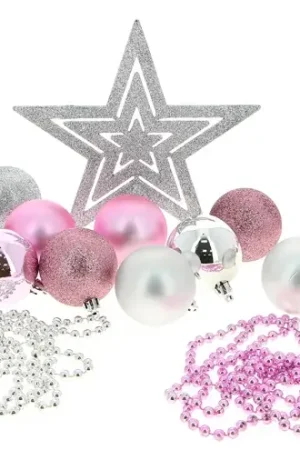 Authentique Boule de noel avec cimier Rose et Argent x 14 pièces