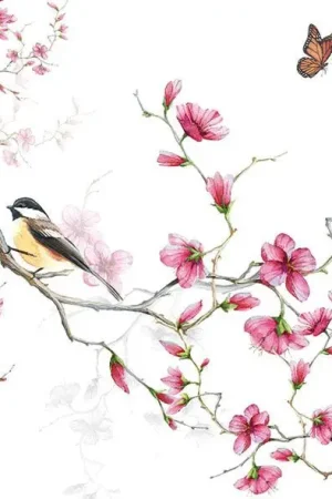 Serviette « Oiseau sur branche fleurie » Satisfait Ou Remboursé