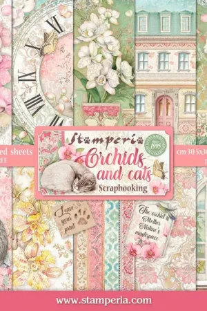 Réduction Bloc de papier scrapbooking « Chat et orchidée », 10 feuilles, 30,5 x 30,5 cm