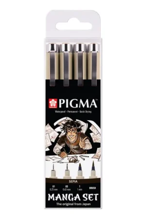 Prix Réduit Sakura Pigma Micron « Collection Manga », set de 4, Sépia