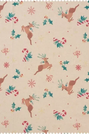 Promotion Tissu canvas au mètre « Renne et flocons de neige scintillants »