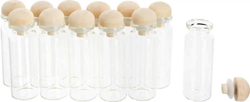 Fioles en verre à bouchon en bois VBS, 12 pc. Petit Prix