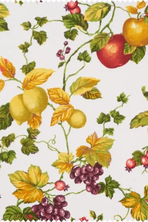 Tissu déco imprimé aspect lin au mètre « Fruits et feuilles » Acheter Direct
