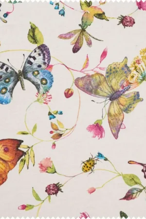 Tissu déco imprimé aspect lin au mètre « Papillons et fleurs » Achat Immédiat