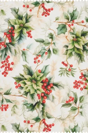 Tissu déco imprimé aspect lin au mètre « Baies d'houx » Meilleur Choix