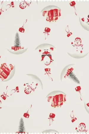 Acheter Direct Tissu imprimé aspect lin au mètre avec impression dorée « Snowman and Santa »