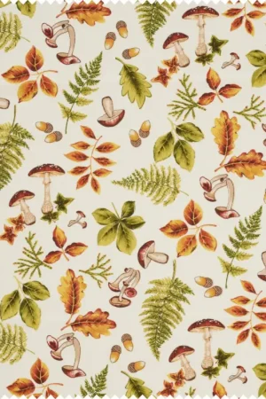 Achat Immédiat Tissu imprimé aspect lin au mètre « Feuilles d'automne et champignons »
