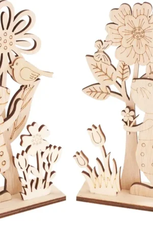 Commande En Gros Décorations à emboîter en bois VBS « Couple de lapins avec des fleurs », set de 2