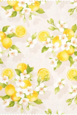 Livraison Express Tissu déco imprimé aspect lin au mètre « Fleur de citronnier »