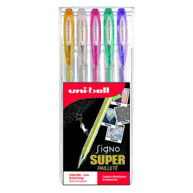 Expédié Aujourd'hui Stylo encre gel large effet pailleté en pochette par 5 - Uni-Ball