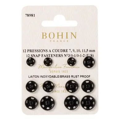 Pas Cher Bouton pression à coudre tailles assortis noir par 12 - Bohin