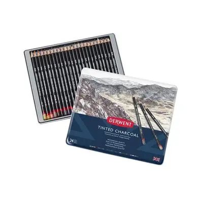 Crayon fusain teinté Charcoal Boîte métal 24 pcs - Derwent Commander Vite