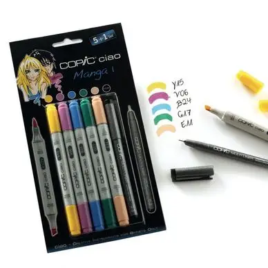 Marqueur à alcool double-pointe Ciao Set manga 5 couleurs n° 1 + Multiliner - Copic Prix Promo