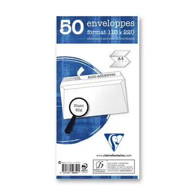 Offre Limitée Enveloppe adhésive 110 x 220 mm 80 g/m² 50 pcs - Clairefontaine