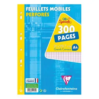 Feuillets mobiles perforés A4 Grand carreaux 300 pages - Clairefontaine Prix Bas