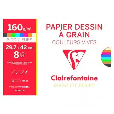 Satisfait Ou Remboursé Pochette Dessin à Grain 160 g/m² A3 29.7 x 42 cm 8 Couleurs vives - Clairefontaine