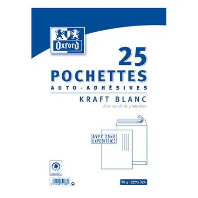 Acheter Direct Enveloppe Kraft blanc pré-casée 220 x 320 mm 25 pcs - Oxford