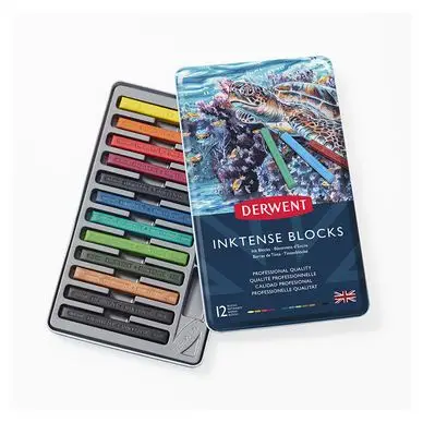 Carré d'encre aquarellable Inktense Block Boîte métal 12 pcs - Derwent Expédié Aujourd'hui