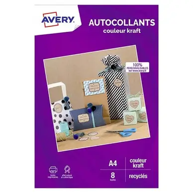 Feuille autocollante Kraft 19,9 x 28,9 cm 8 planches sur A4 - Avery Haute Qualité