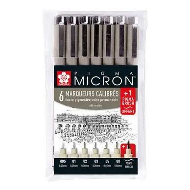 Feutres calibrés Pigma Micron x 6 + 1 feutre pinceau - Sakura Prix Bas