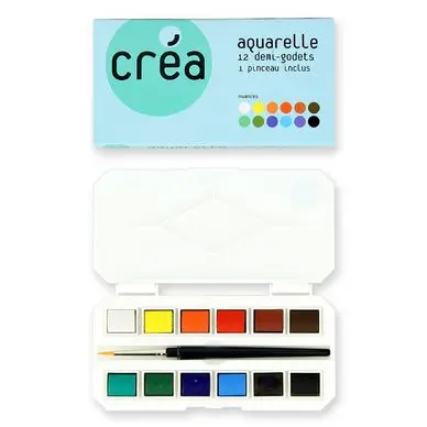 Aquarelle boîte de 12 demi-godets + pinceau - Créa Bon Marché