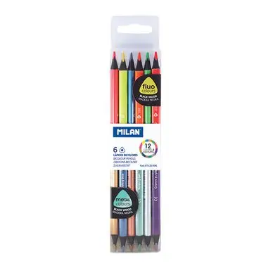 Crayon de couleur bicolore triangulaire Fluo + Métal 6 pcs - MILAN Super Prix