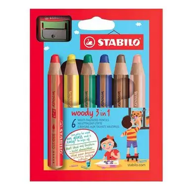 Crayon de couleur woody 3 in 1 Étui 6 couleurs + Taille-crayons - STABILO Promotion
