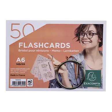 Paquet de 50 Flashcards sous film + anneau Bristol ligné perforé A6 - Exacompta Meilleur Prix