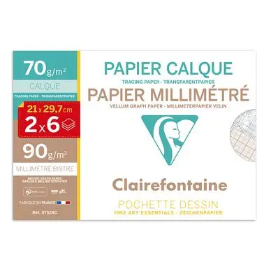 Nouveauté Papier Vélin Calque et Millimétré A4 21 x 29.7 cm 2 x 6 Feuilles - Clairefontaine