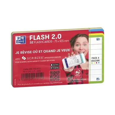 Expédié Aujourd'hui Fiche Bristol Flash 2.0 32 pcs 7.5 x 12.5 cm 4 couleurs assorties - Oxford