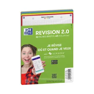 Fiche Bristol Révision 2.0 A5 14.8 x 21 cm 32 pcs Perforée 4 Couleurs assorties - Oxford Achat Immédiat
