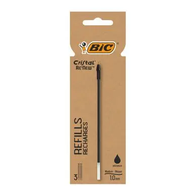 Recharge Re'New Stylo à bille Cristal Medium Noir x 3 - Bic Certifié