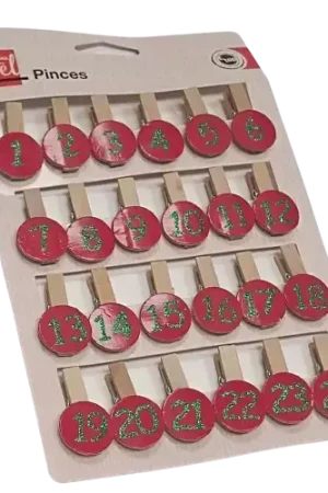 24 pinces en bois avec chiffres – Calendrier de l’Avent – 2 x 3,5 x 1 cm Pas Cher