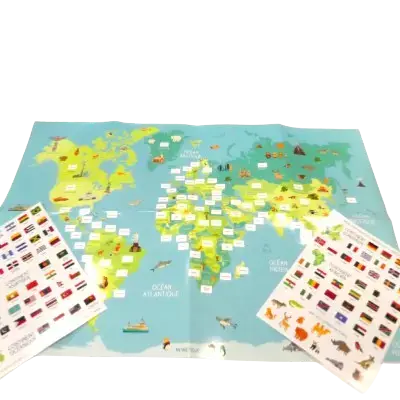 Poster Carte du Monde + 2 Planches Gommettes Drapeaux – 66 x 44 cm Nouvelle Collection